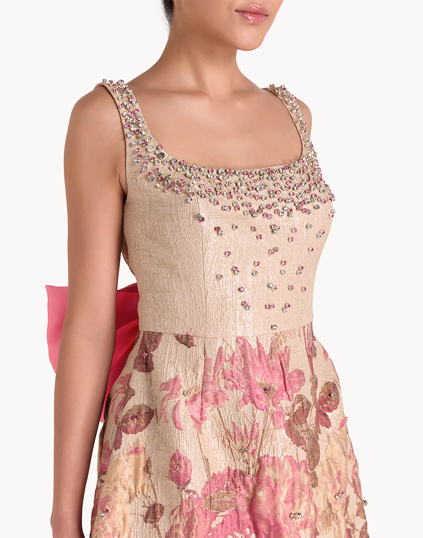 Brocade Crystal Embellished Mini Back Bow Dress