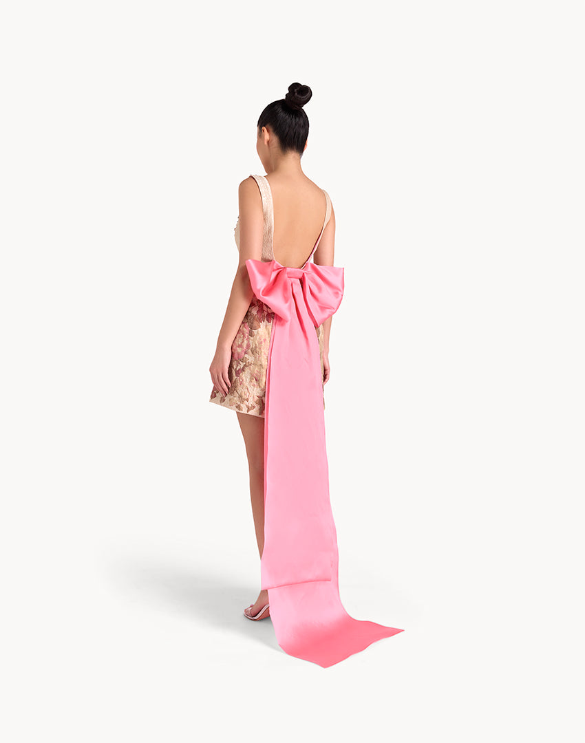 Brocade Crystal Embellished Mini Back Bow Dress