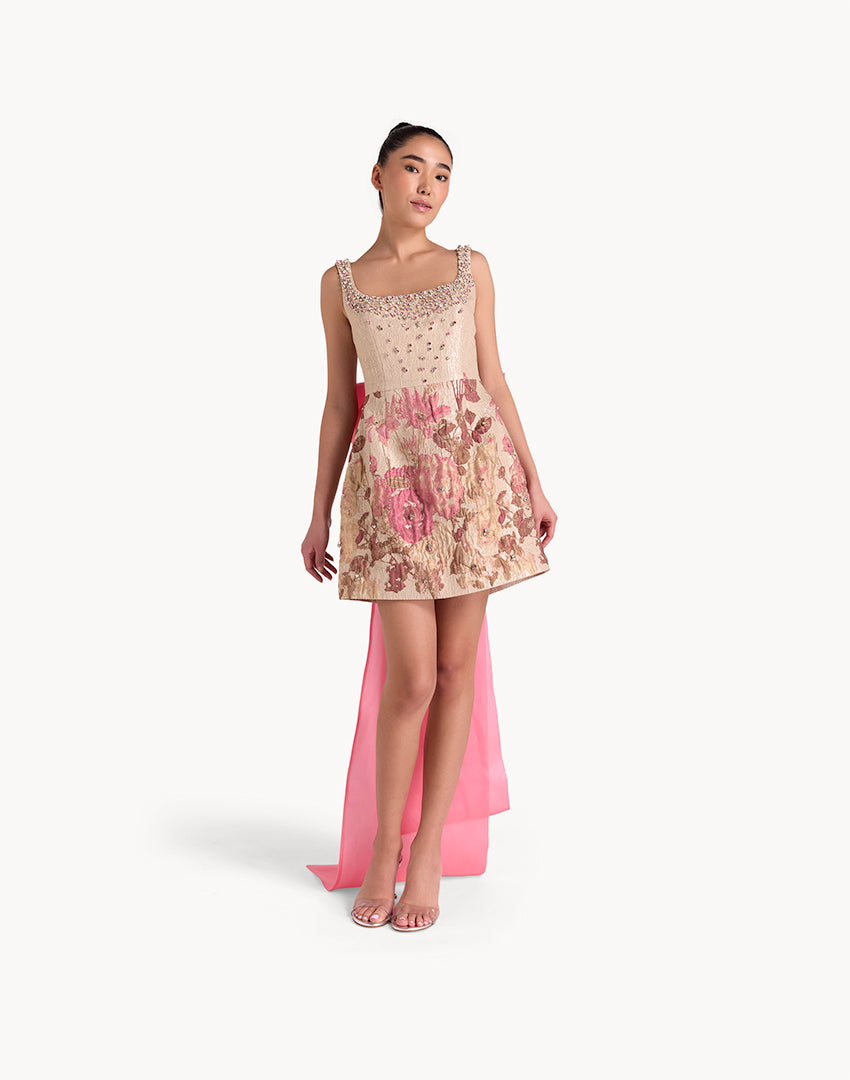 Brocade Crystal Embellished Mini Back Bow Dress