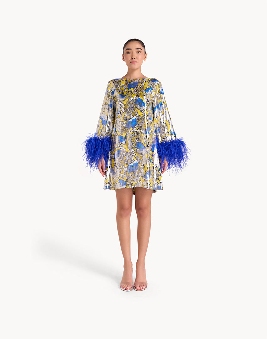 Feather-trimmed floral silk mini Dress - Blue