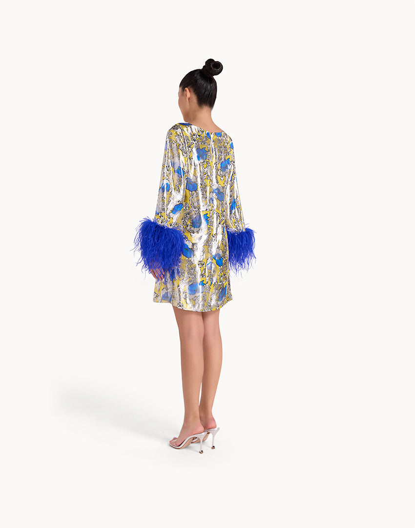 Feather-trimmed floral silk mini Dress - Blue