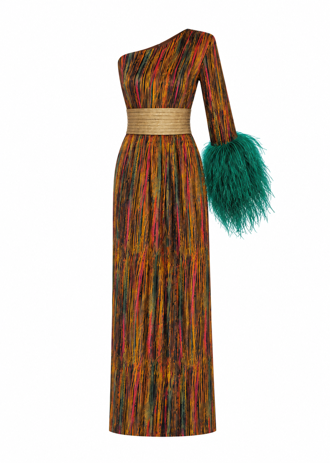 Autumn Rain Velvet One-shoulder Feather Maxi Dress