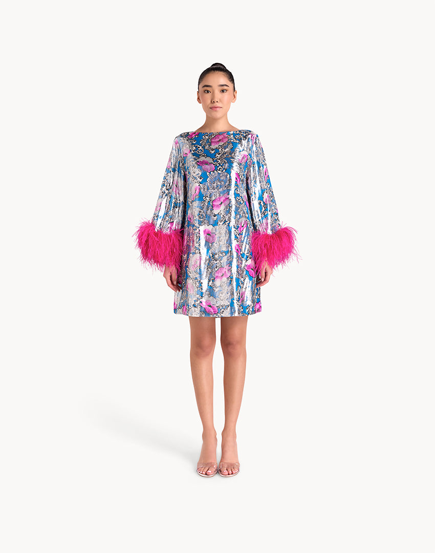 Feathered Sleeve Mini Dress - Pink