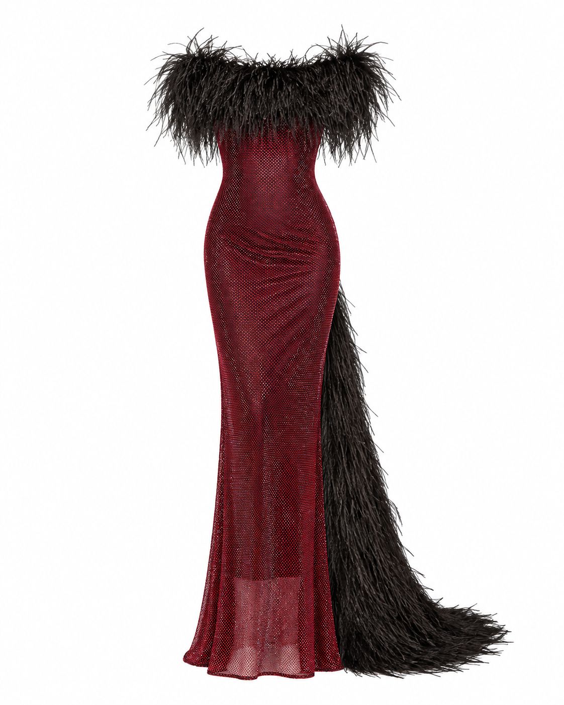 Stellar Crystal Embellished Feather-Trim Maxi Gown
