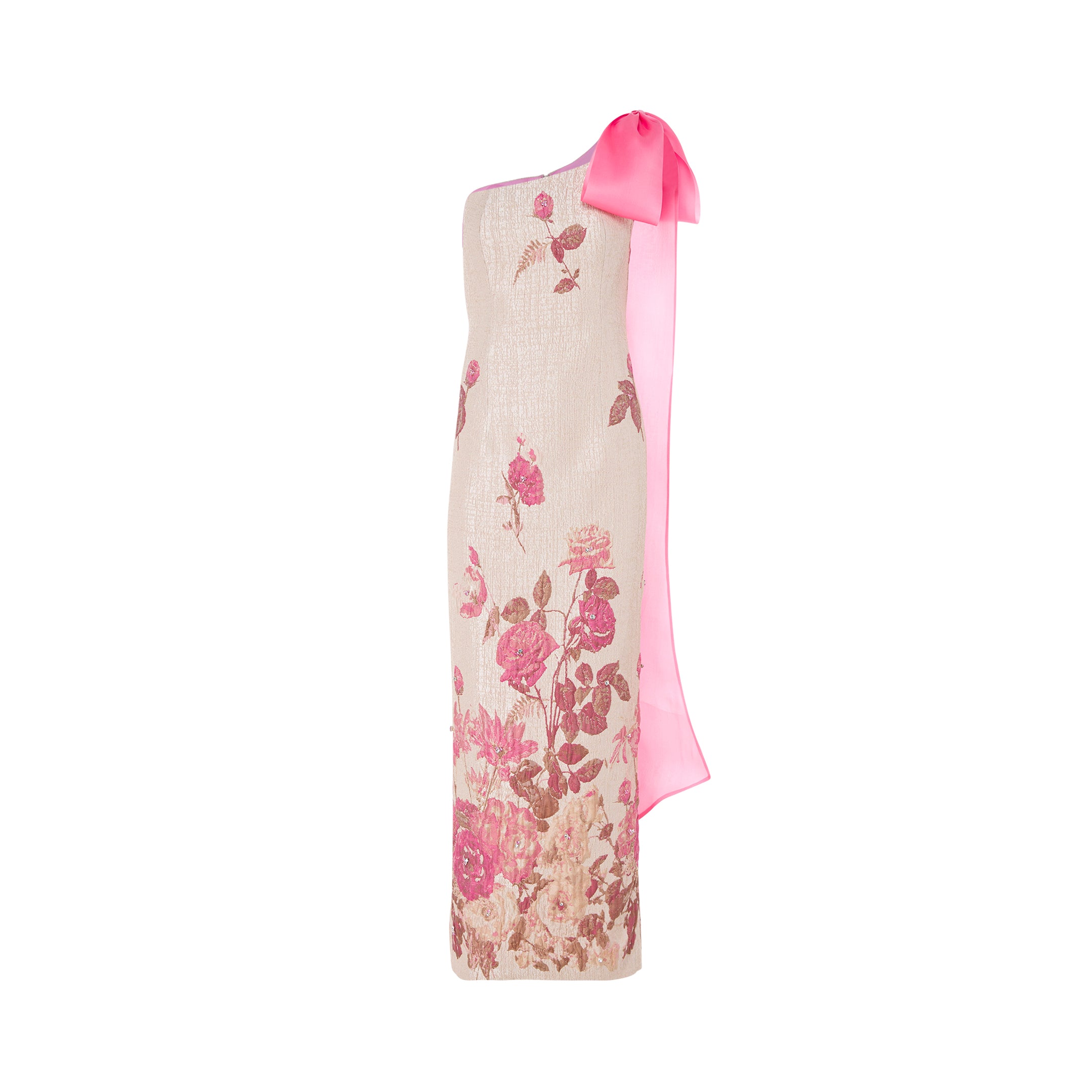 Brocade Crystal Embellished Maxi Bow Dress - Pink