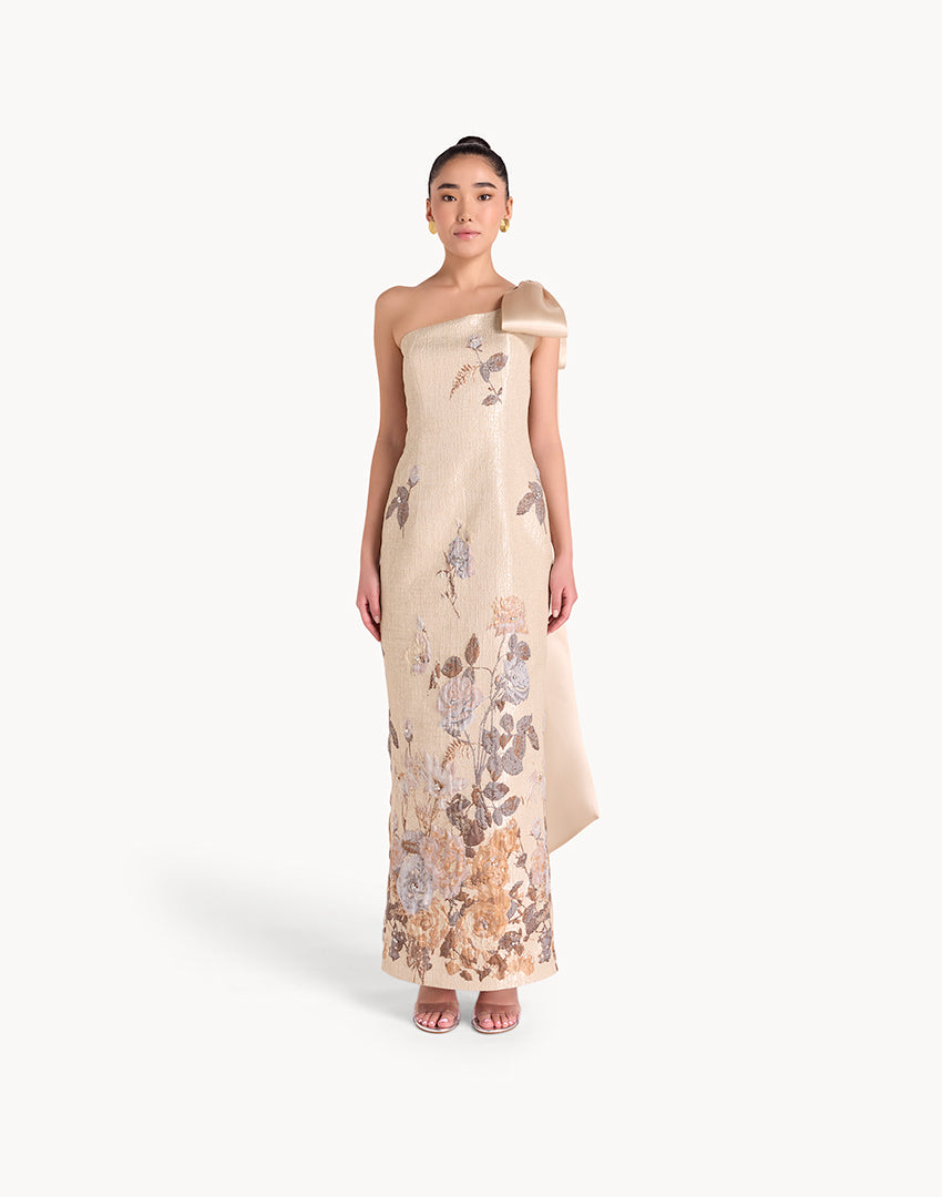 Brocade Crystal Embellished One Shoulder Maxi Dress