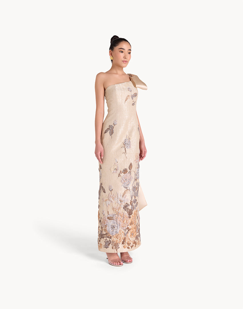 Brocade Crystal Embellished One Shoulder Maxi Dress