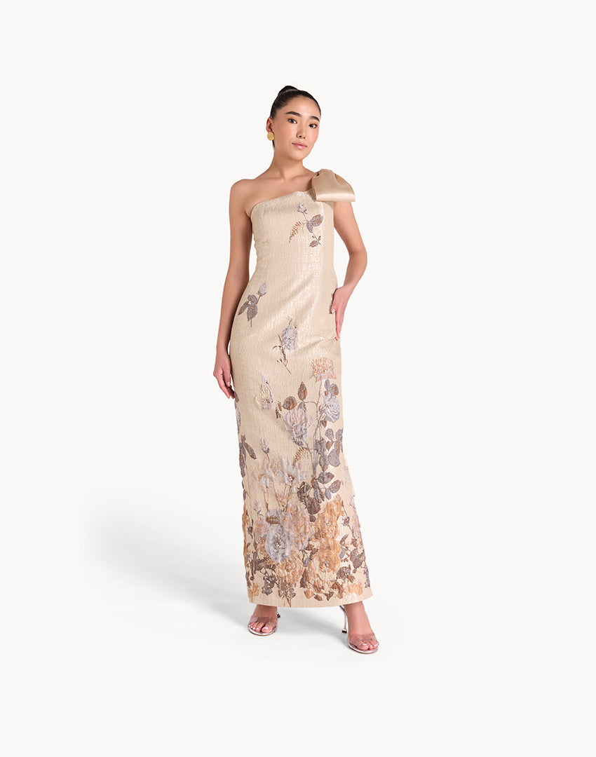 Brocade Crystal Embellished One Shoulder Maxi Dress