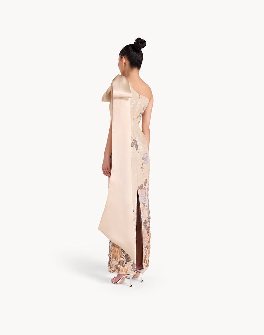 Brocade Crystal Embellished Maxi Bow Dress - Gold