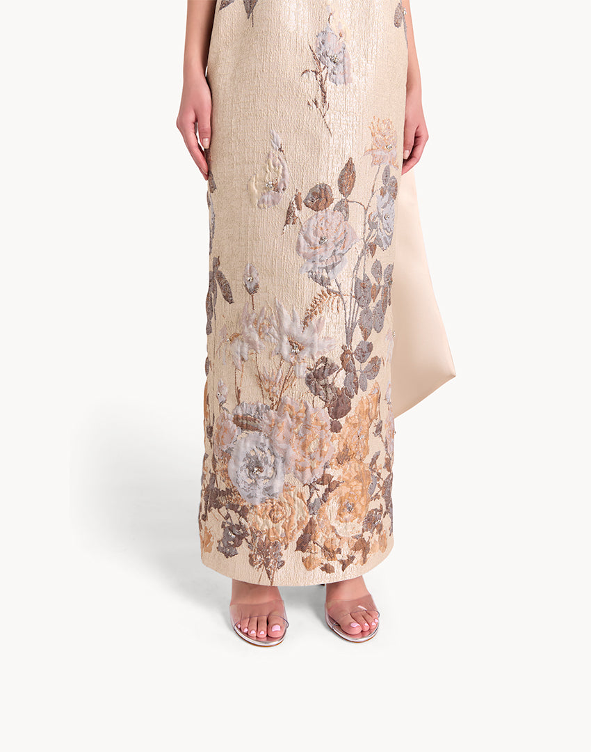 Brocade Crystal Embellished One Shoulder Maxi Dress