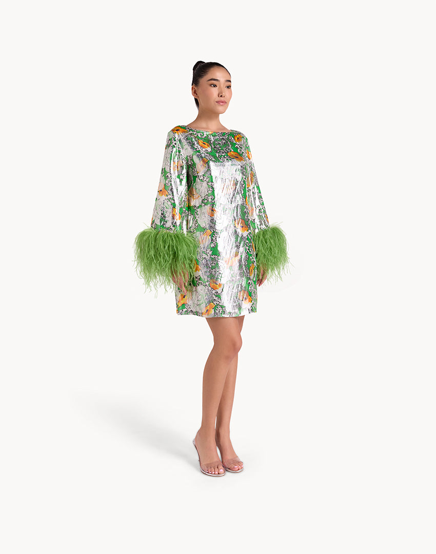 Feather-trimmed floral silk mini Dress - Green
