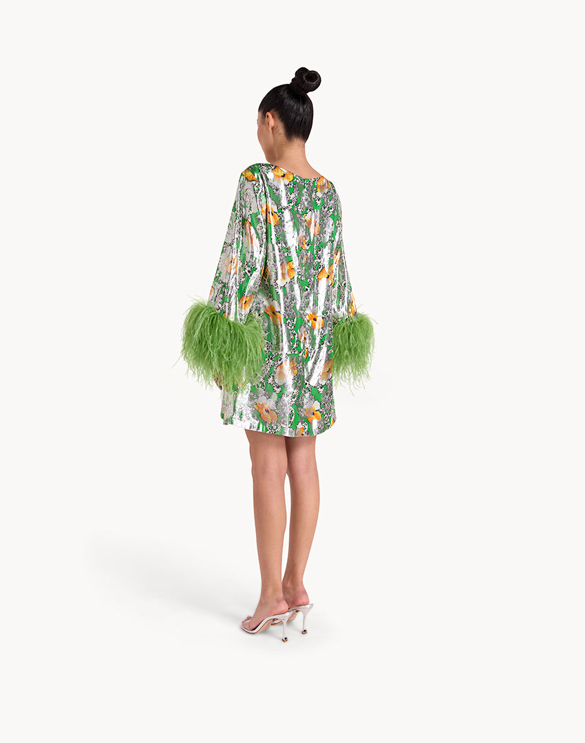 Feather-trimmed floral silk mini Dress - Green
