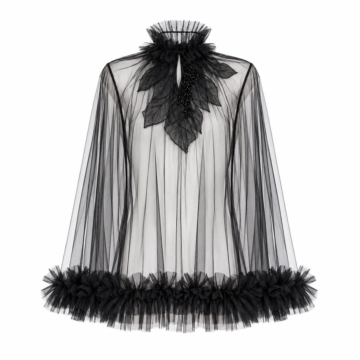 Sheer Ruffled Leaf Applique Tulle Top