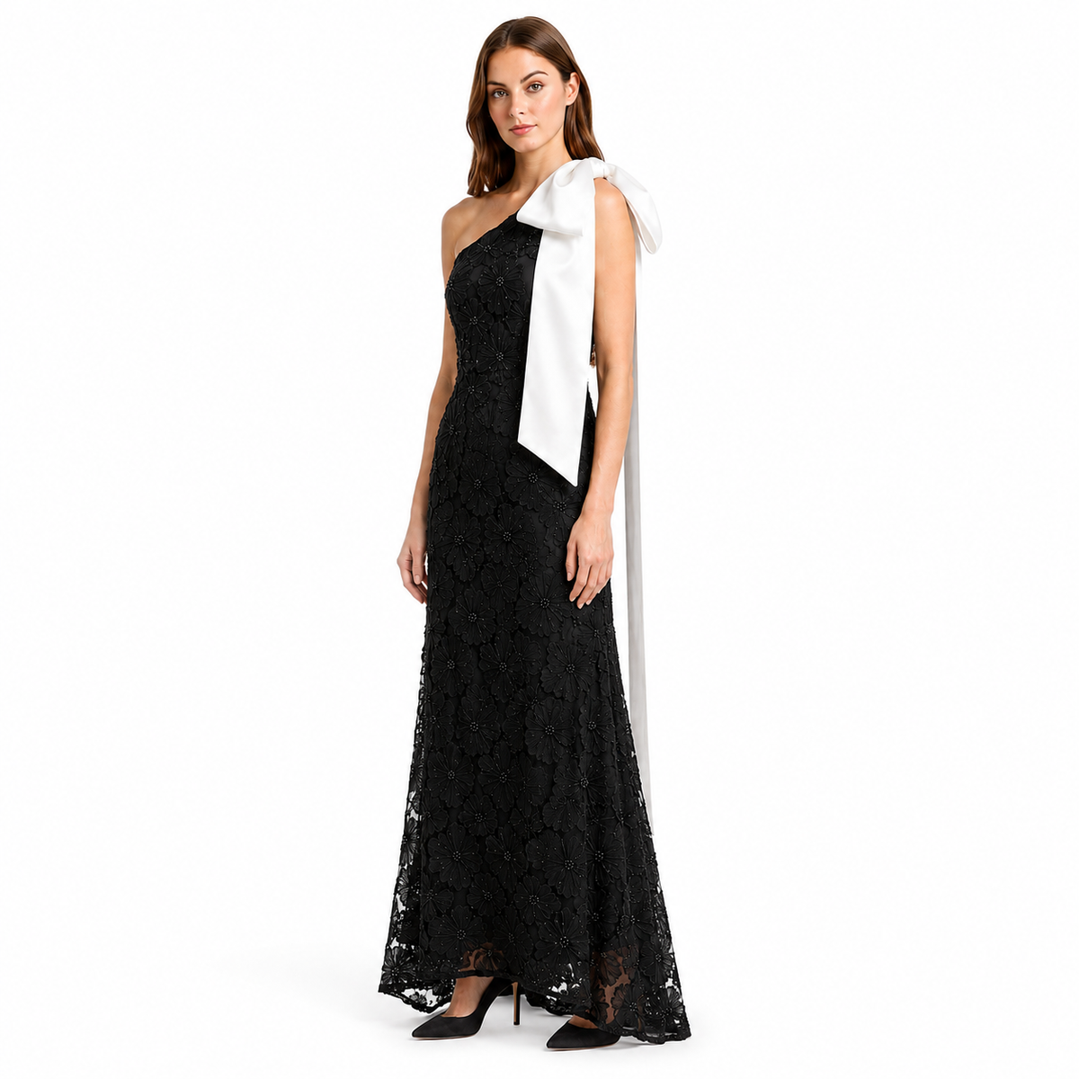 Noir Fleur Bow One-Shoulder Gown