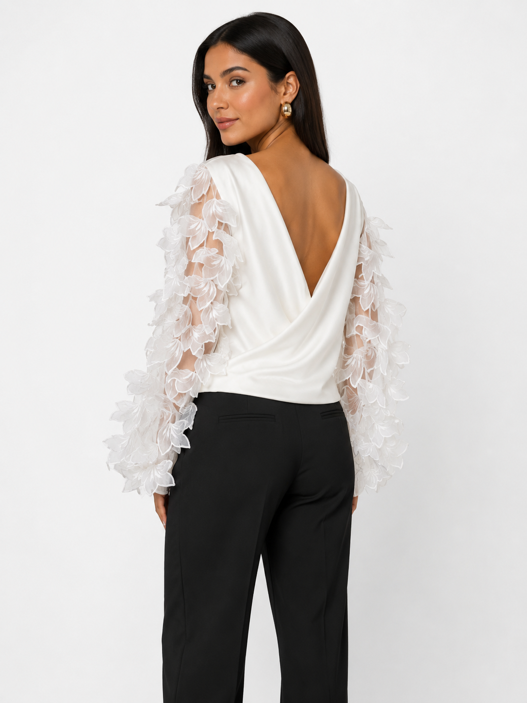 Drop-Leaf Sleeve Plunge Back Blouse
