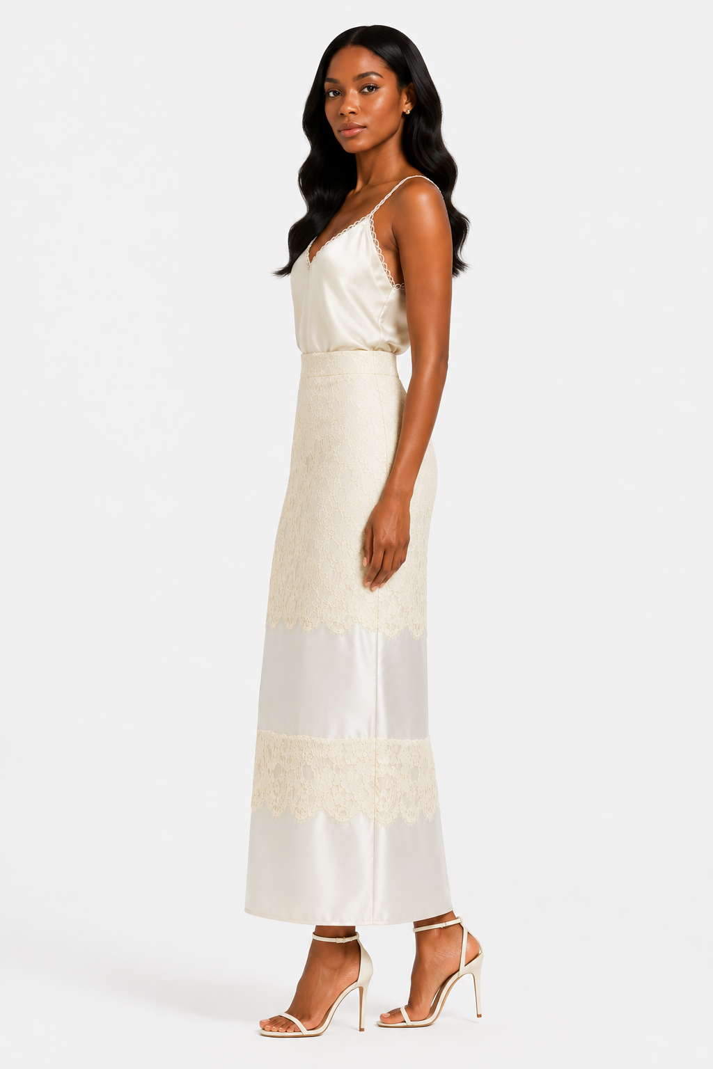 Lace Detail Silk Pencil Skirt
