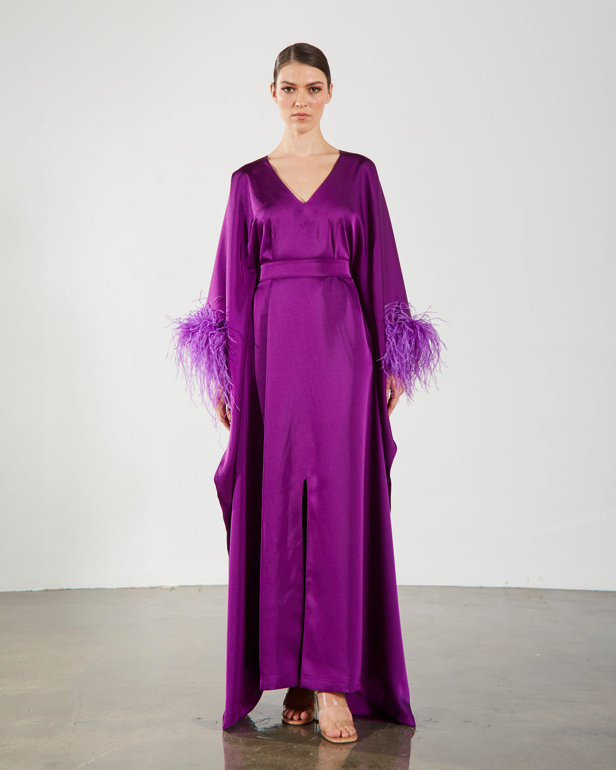 Feather-Trimmed Belted Crepe Kaftan