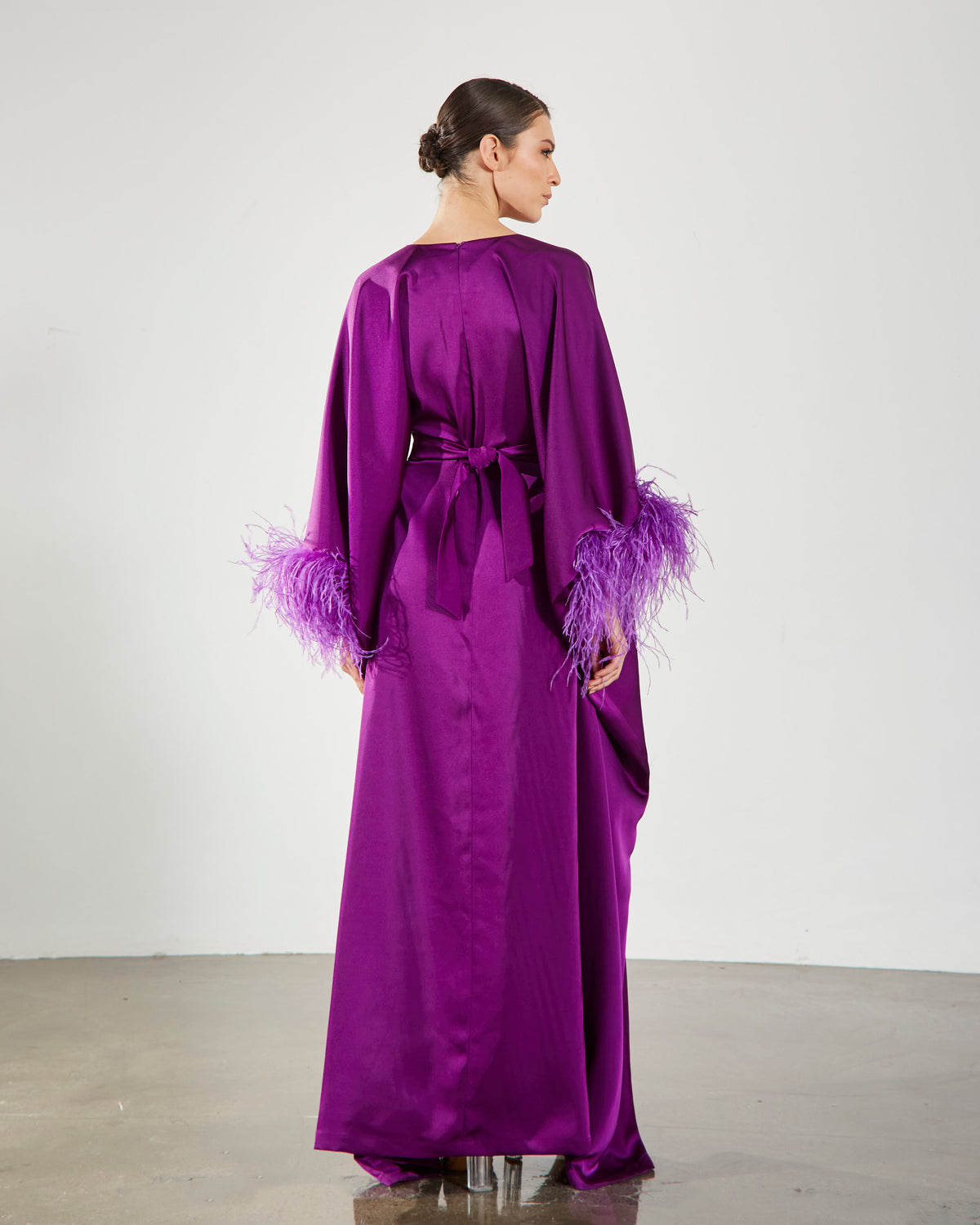 Feather-Trimmed Belted Crepe Kaftan