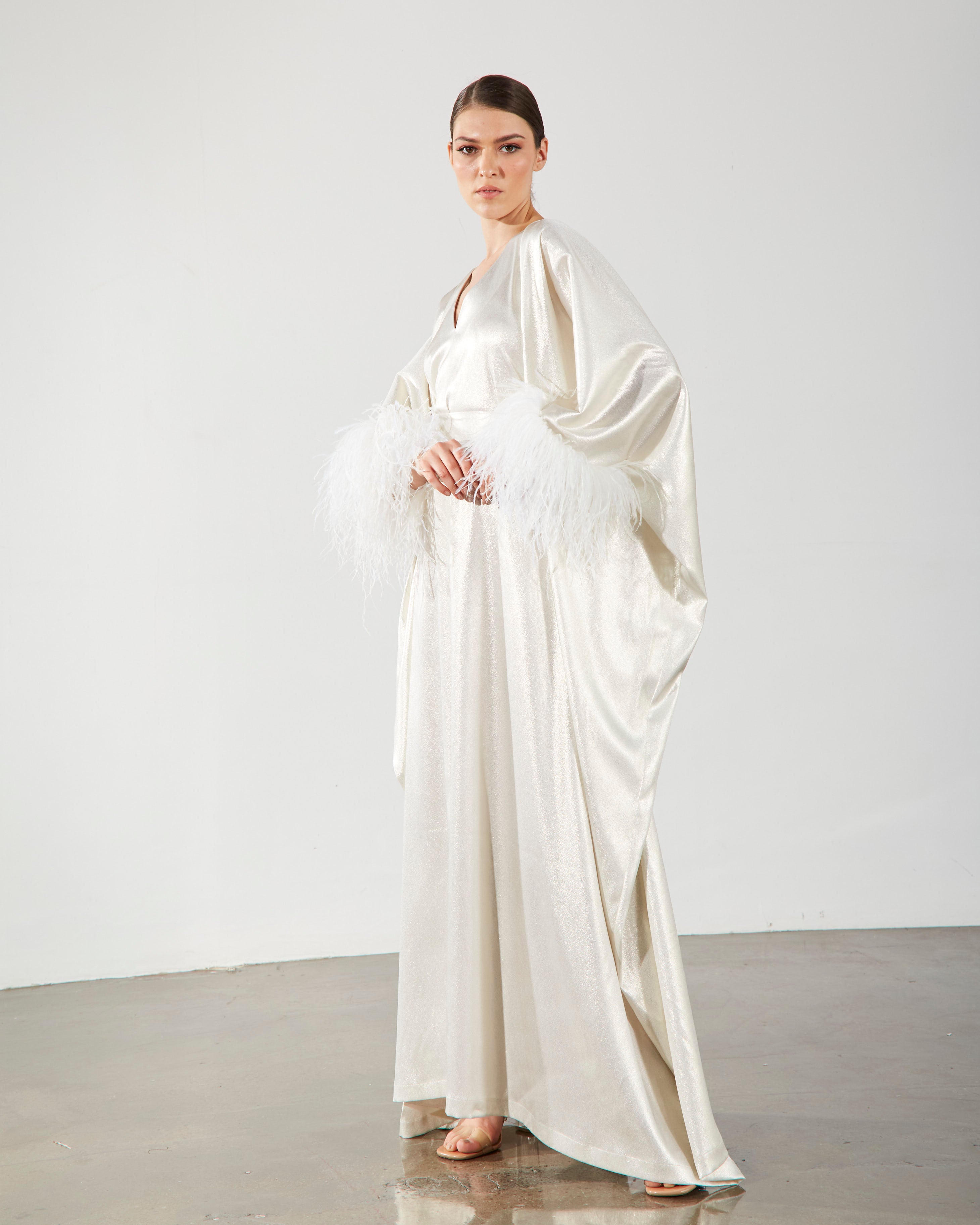 Feather Trimmed Kaftan - White