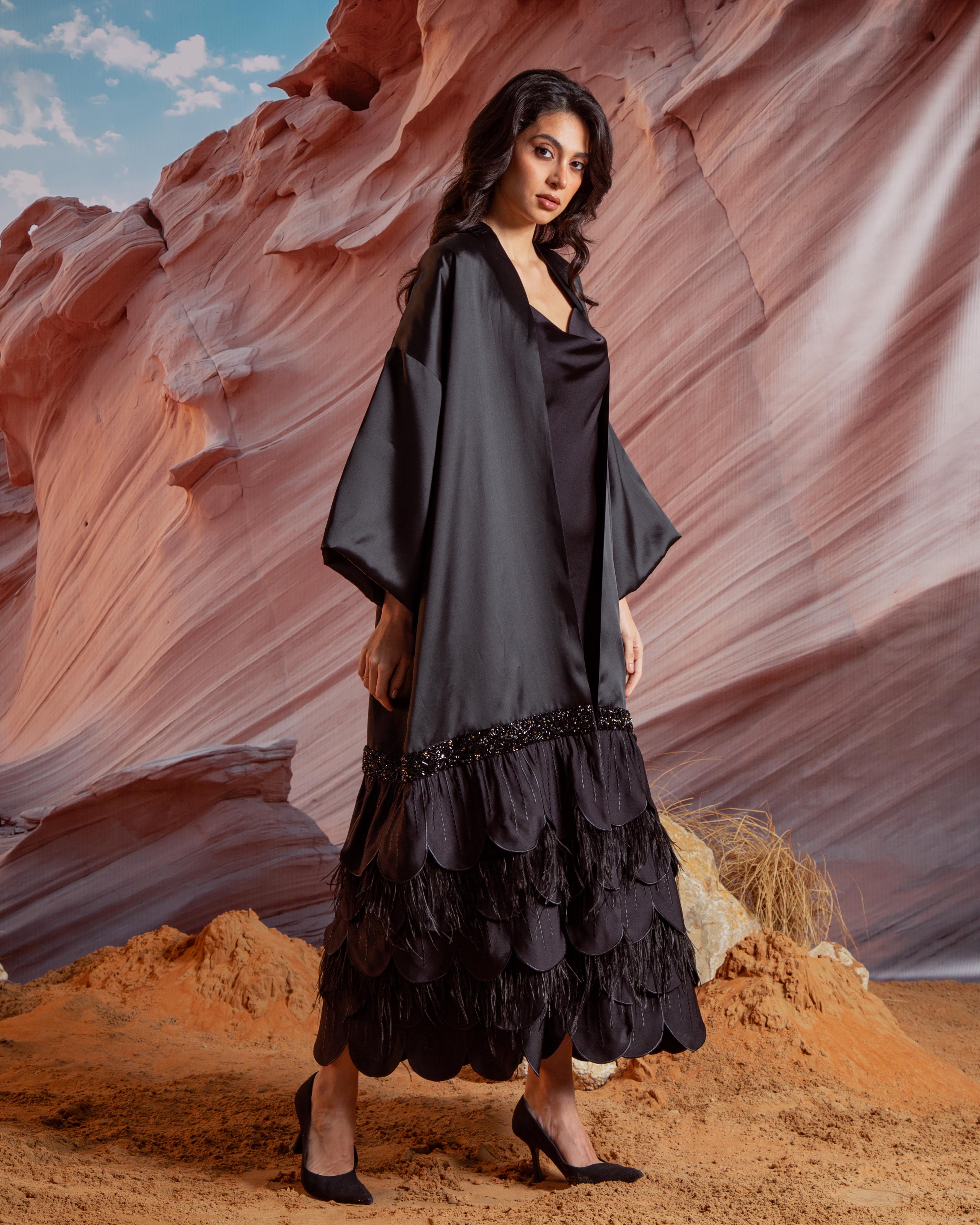 Essence Feather Detail Silk Abaya - Black