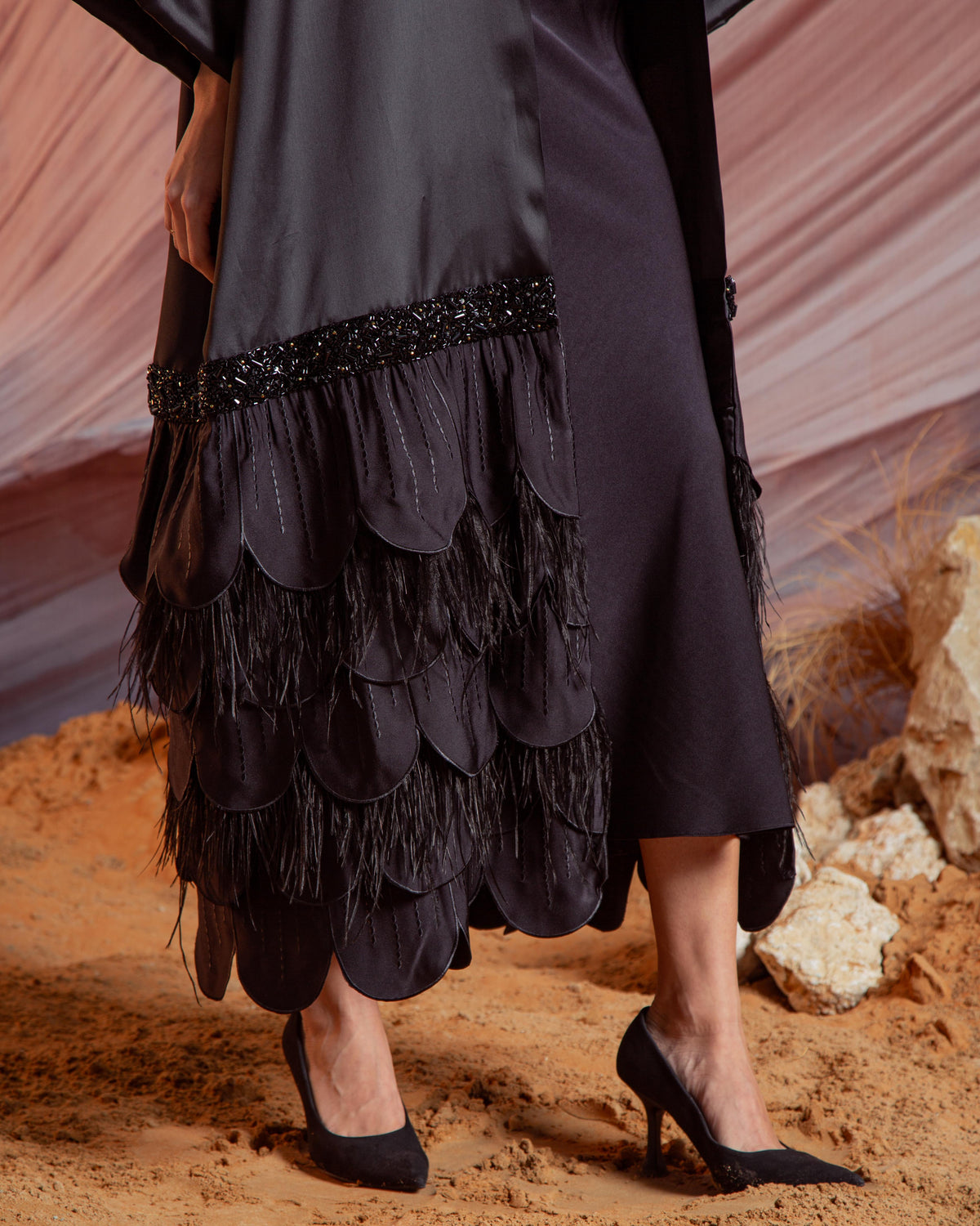Essence Feather Detail Silk Abaya