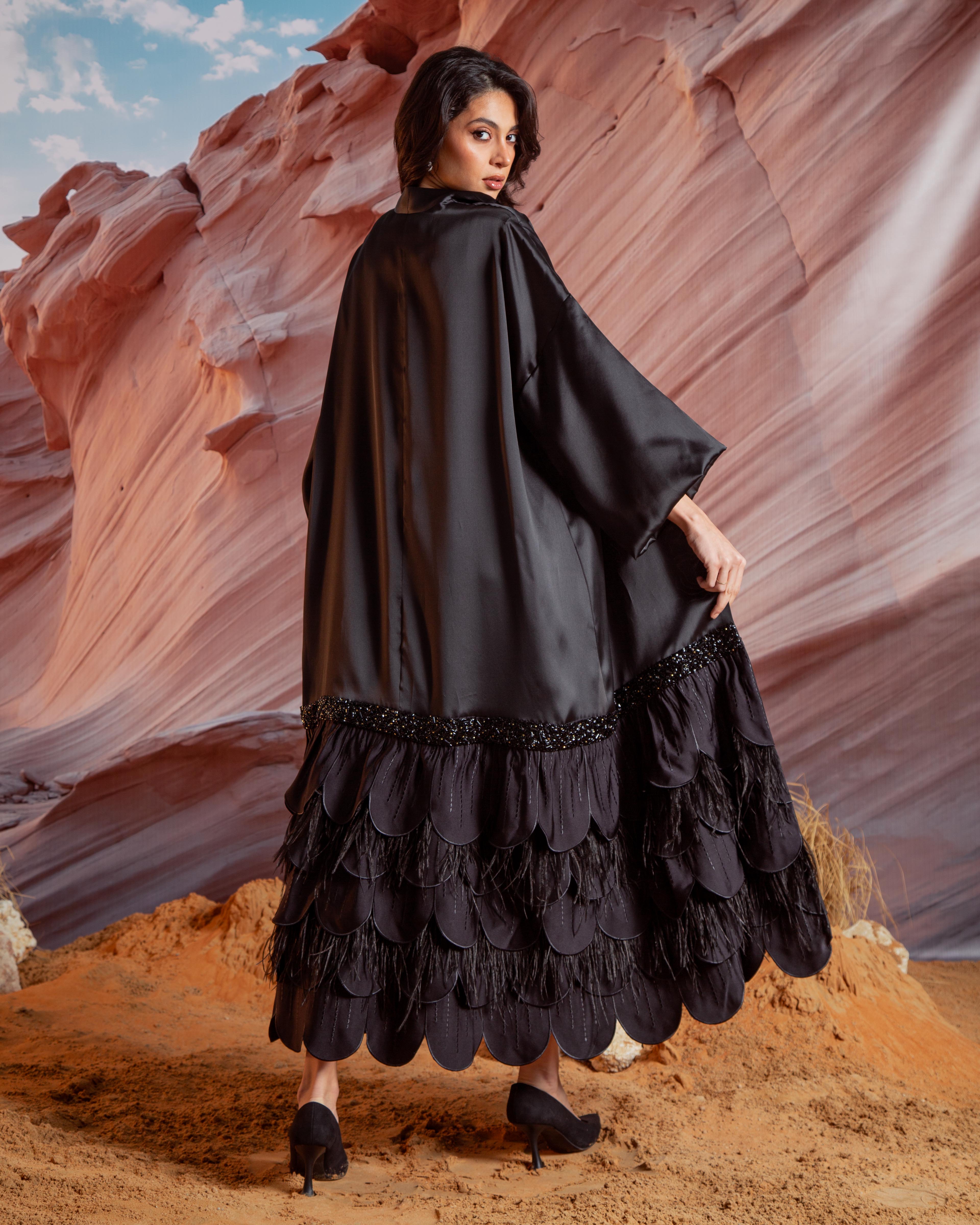 Essence Feather Detail Silk Abaya - Black