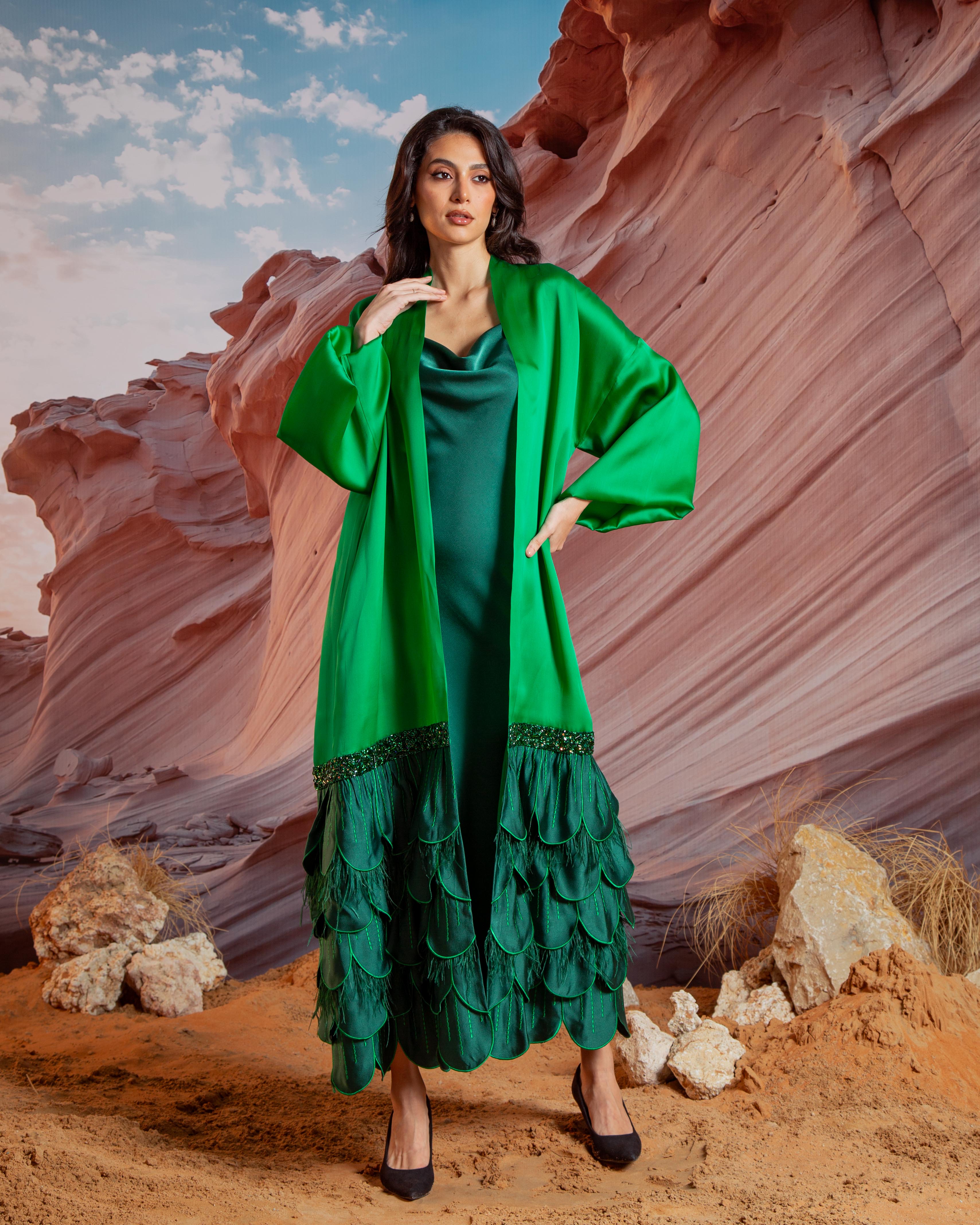 Essence Feather Detail Silk Abaya - Green