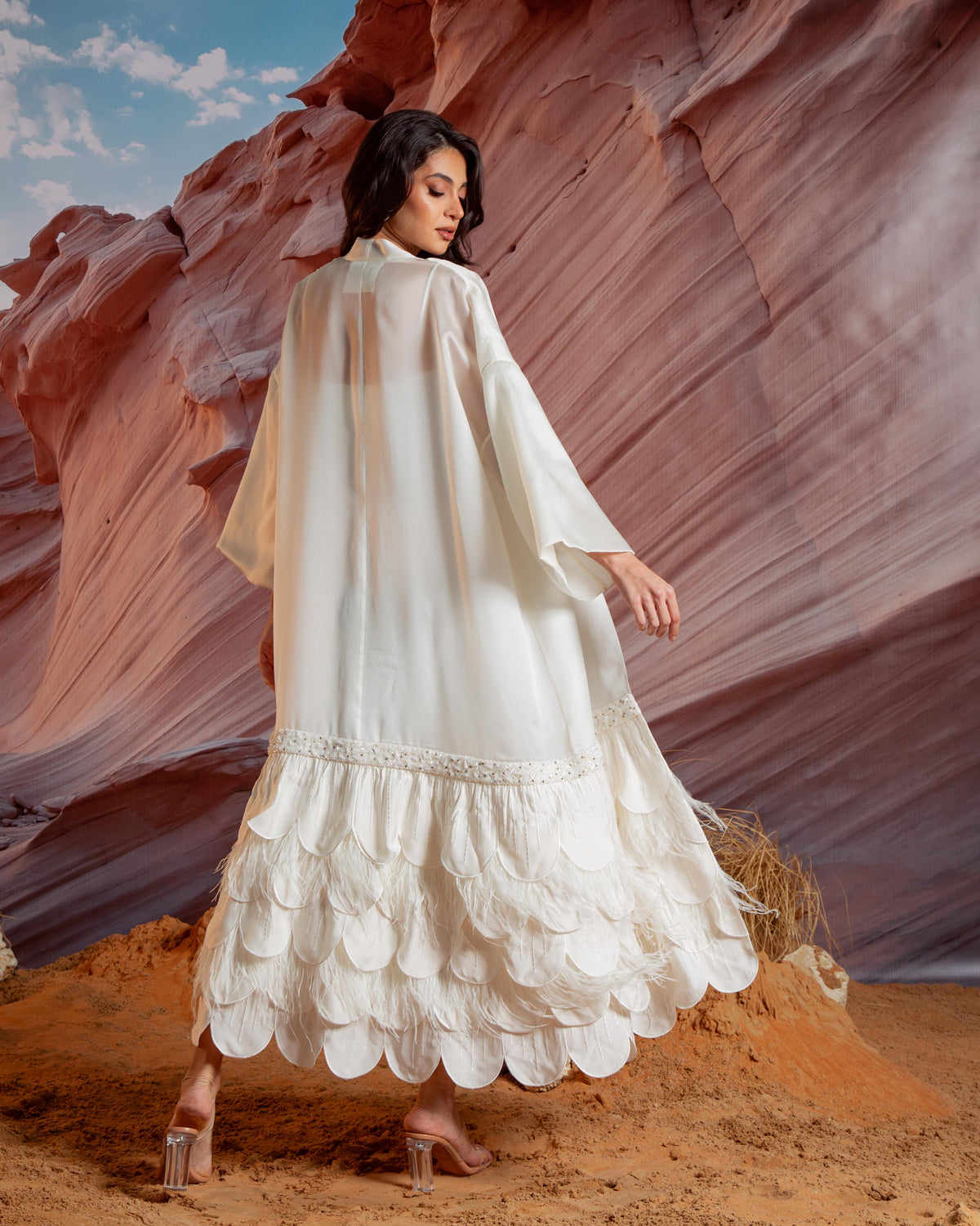 Essence Feather Detail Silk Abaya