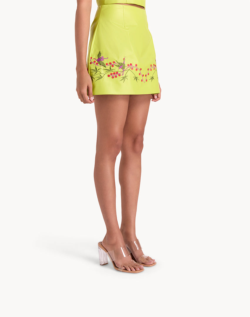 Faux Leather Embroidered Mini Skirt - Neon Green