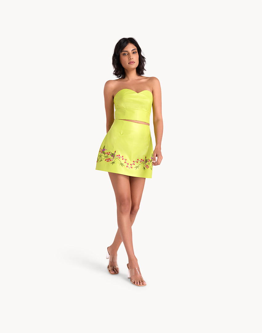 Faux Leather Embroidered Mini Skirt - Neon Green