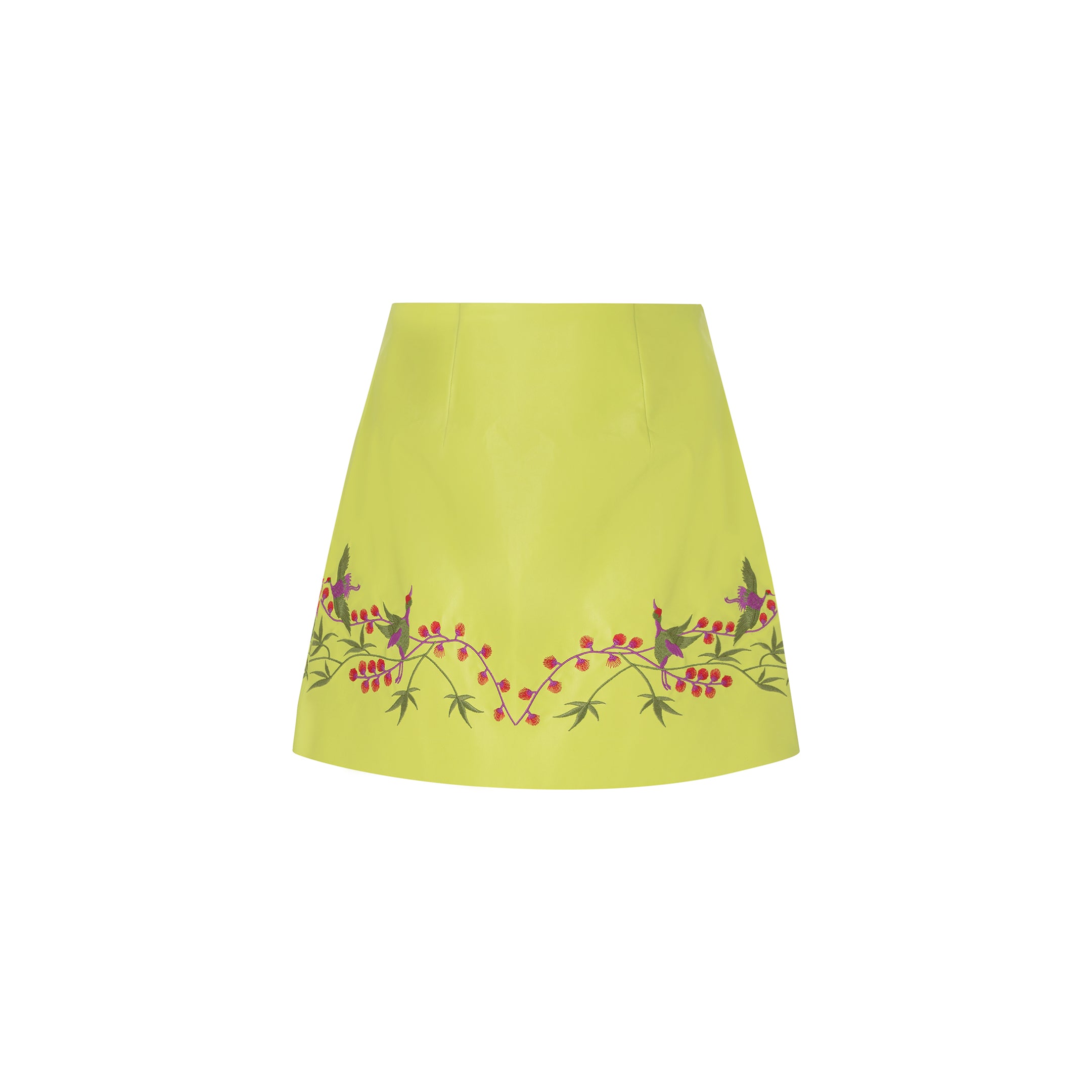 Faux Leather Embroidered Mini Skirt - Neon Green