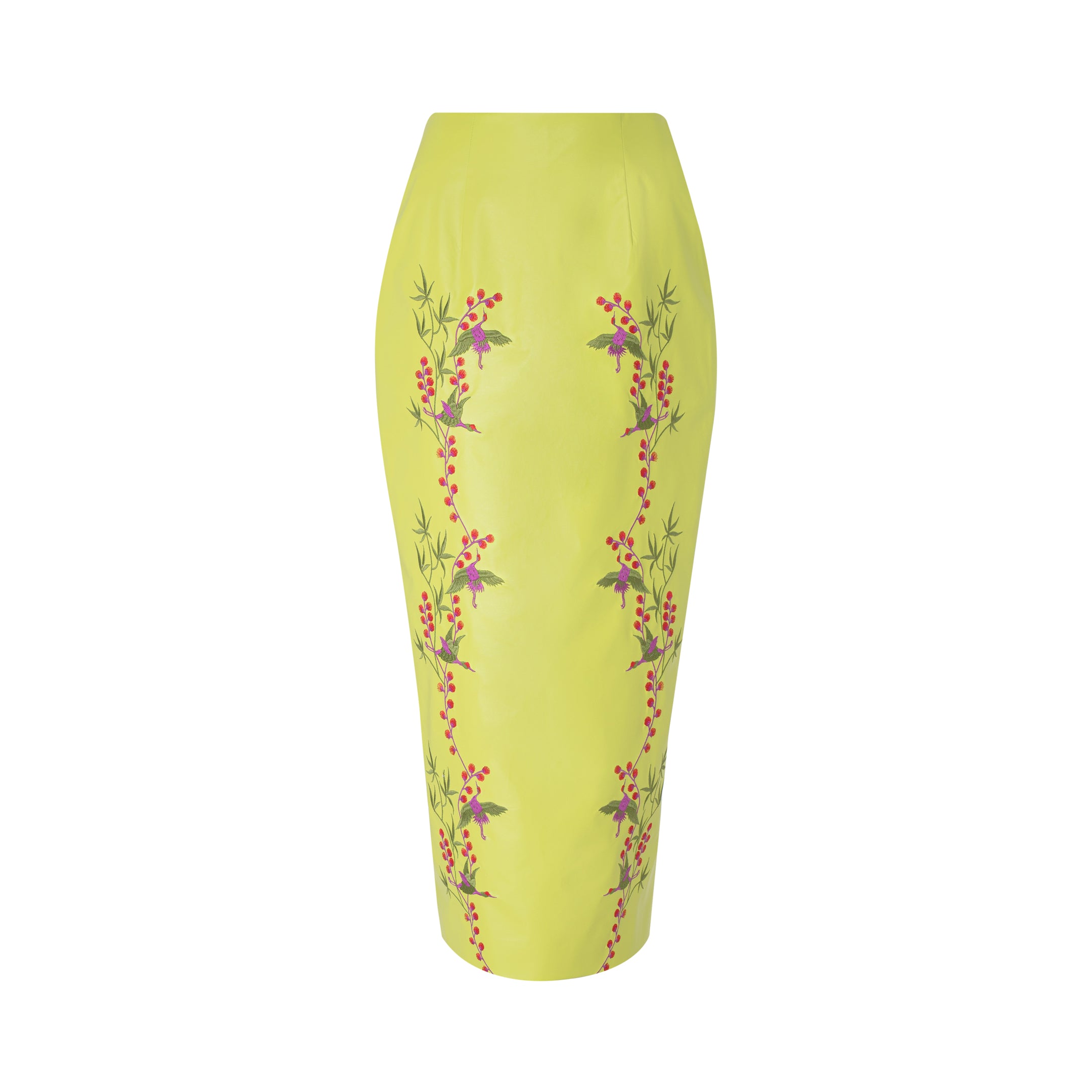 Pencil Leather Embroidered Skirt - Neon Green