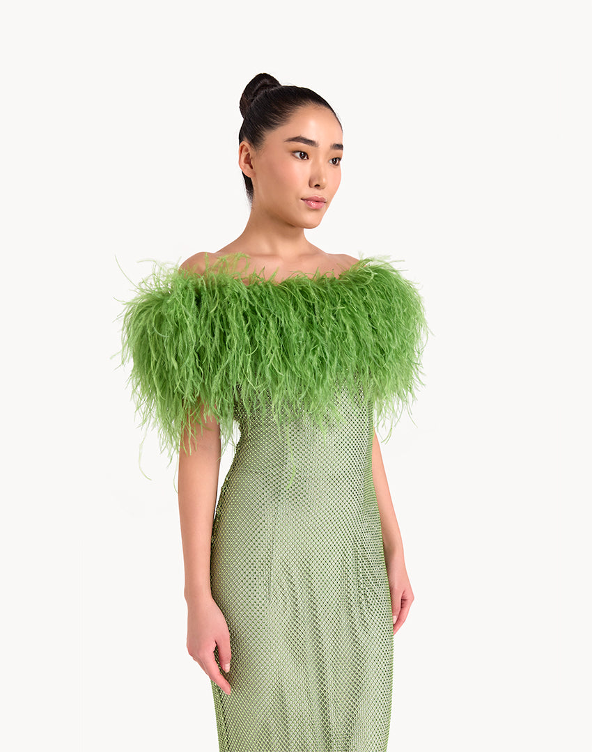 Crystal Embellished Feather Off-Shoulder Maxi Dress - Mint Green