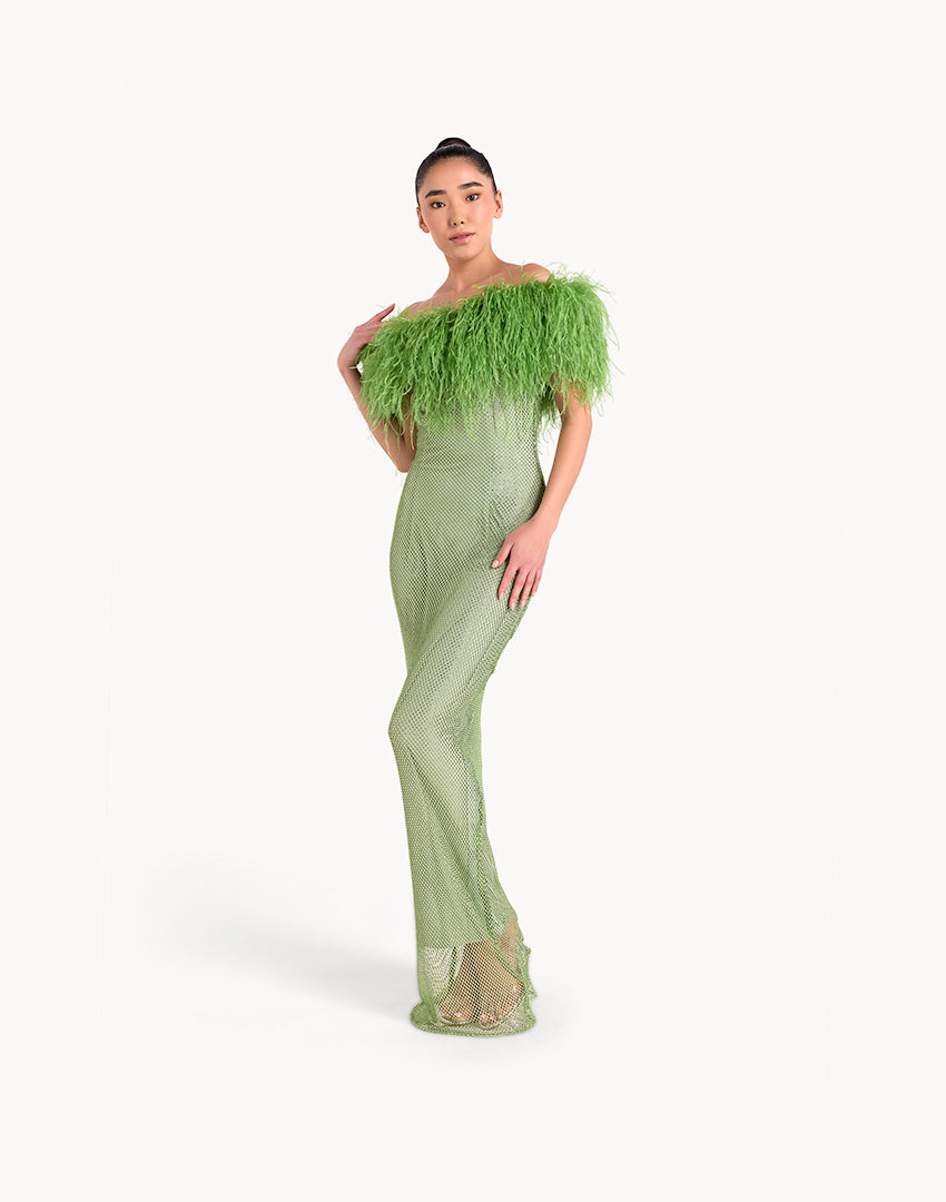 Crystal Embellished Feather Off-Shoulder Maxi Dress - Mint Green