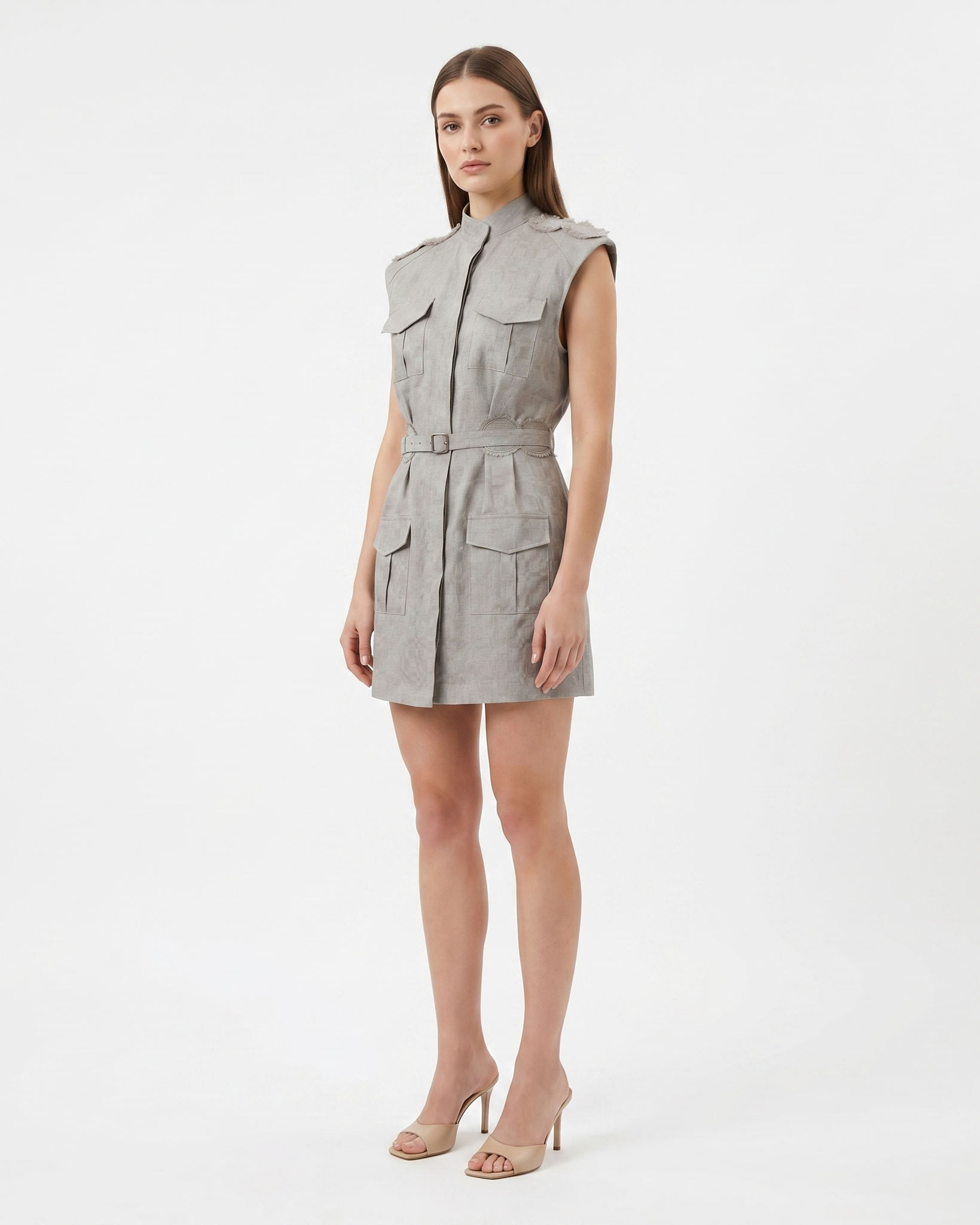Hemp Mandarin Collar Sleeveless Safari Jacket