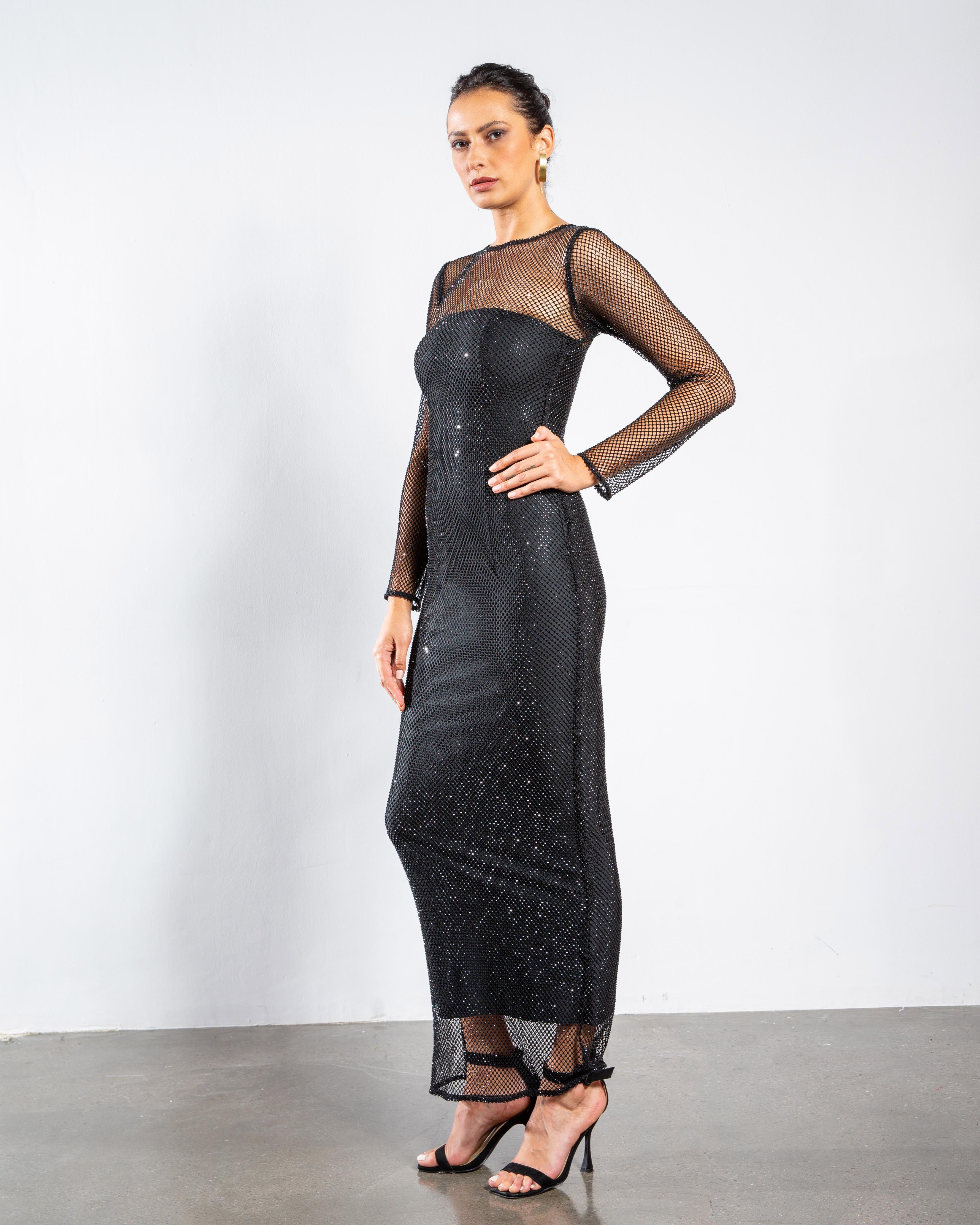 Crystal Embellished Long-Sleeved Maxi Dress