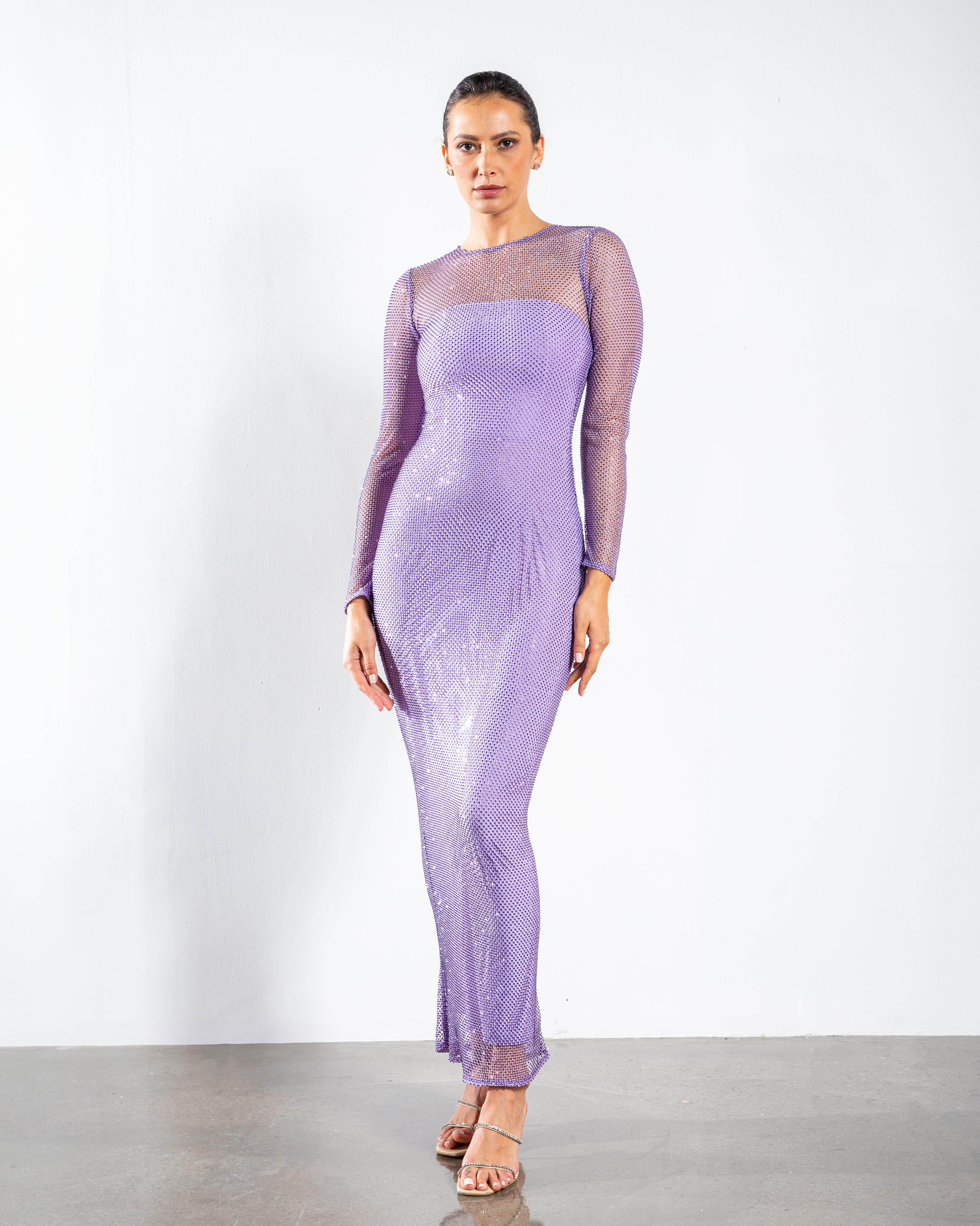 Crystal Embellished Long-Sleeved Maxi Dress - Light