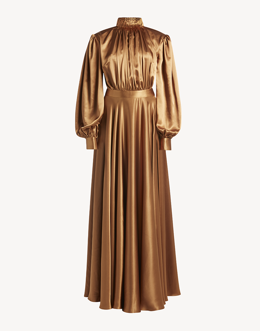 Satin High Pleated Neck Maxi Dress-Gold