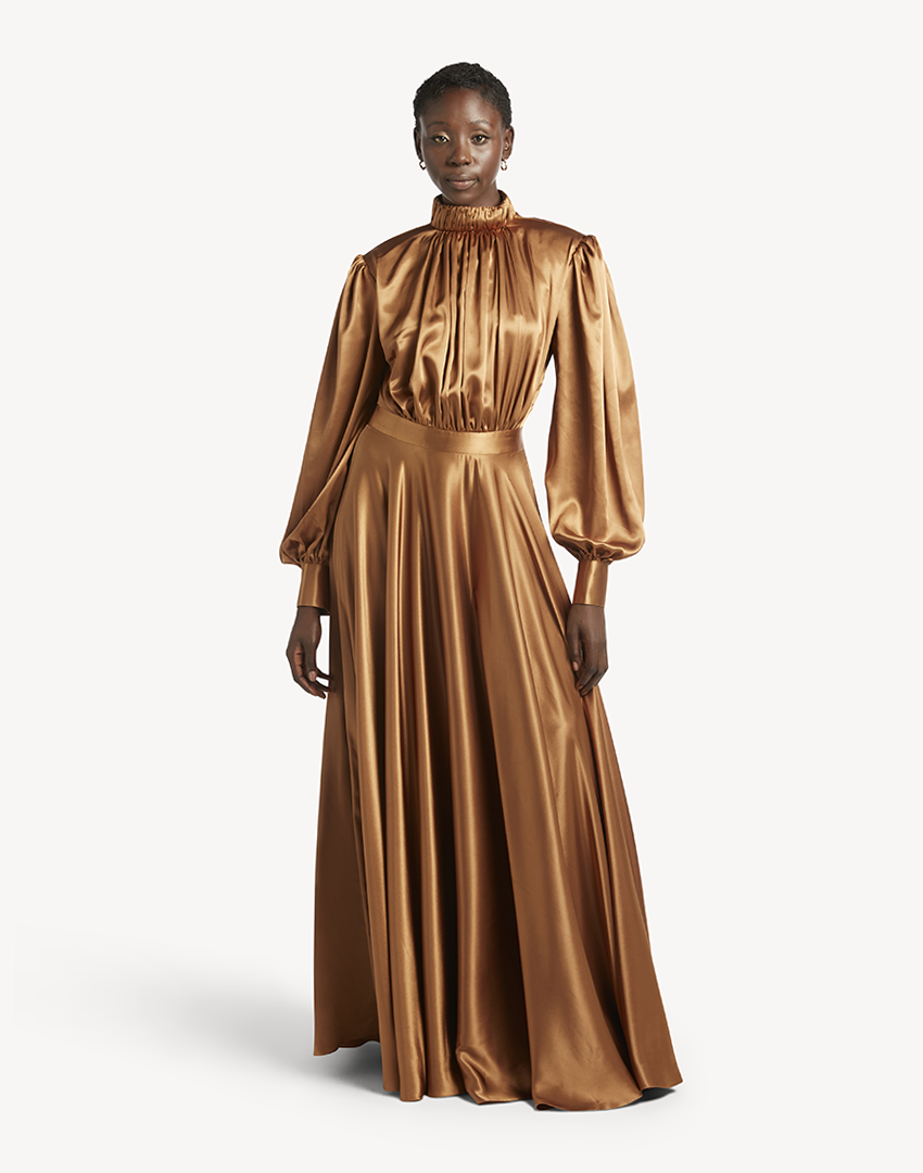 Satin High Pleated Neck Maxi Dress-Gold