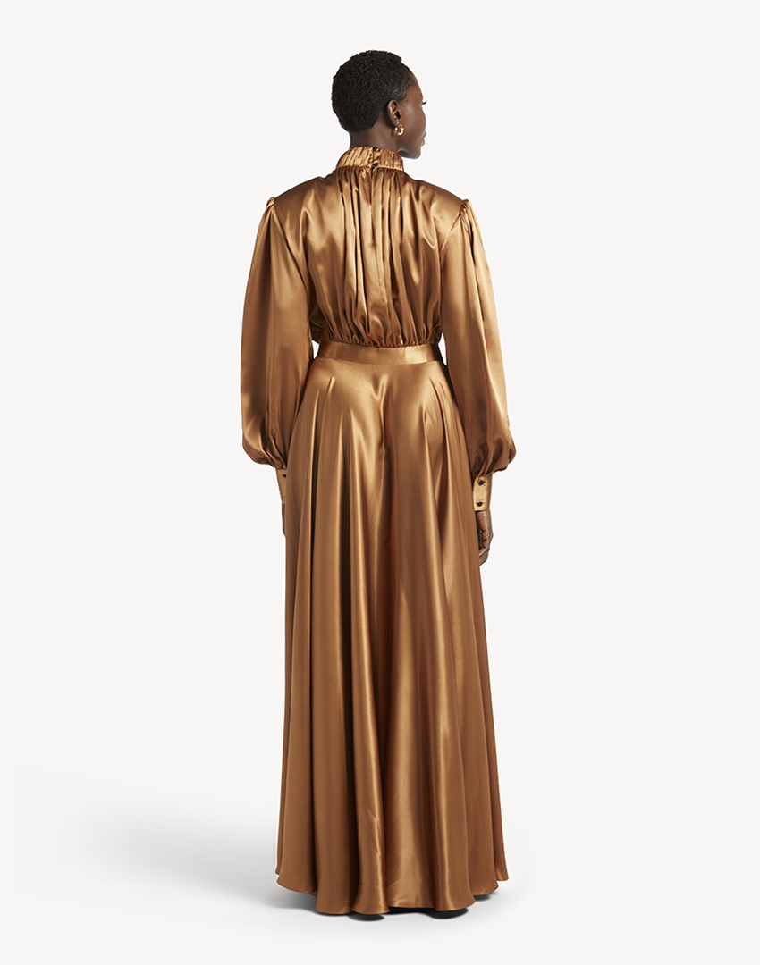 Satin High Pleated Neck Maxi Dress-Gold