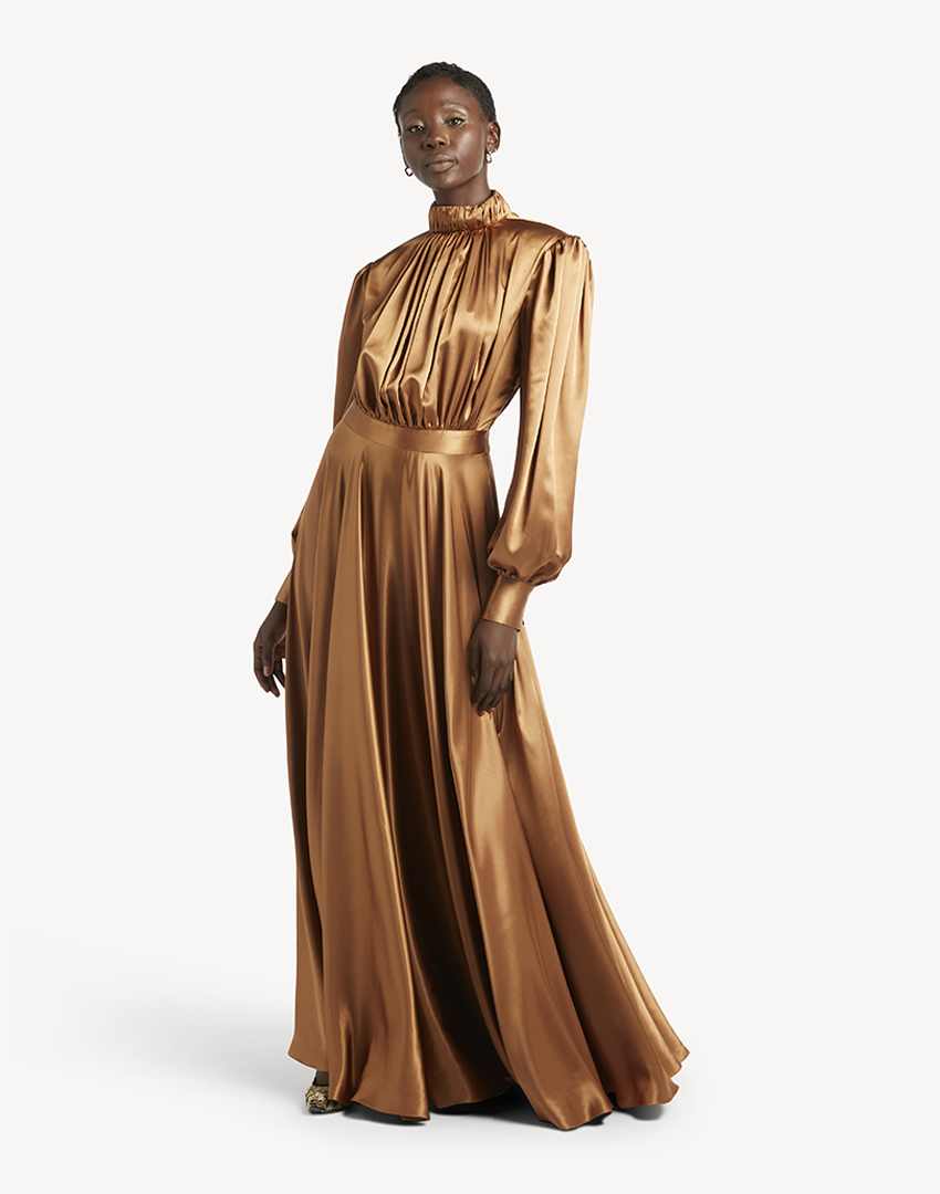 Satin High Pleated Neck Maxi Dress-Gold