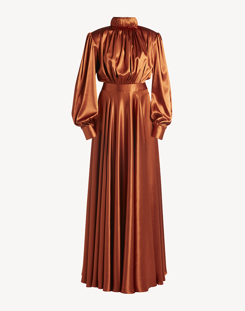 Satin High Pleated Neck Maxi Dress-Burnt Orange