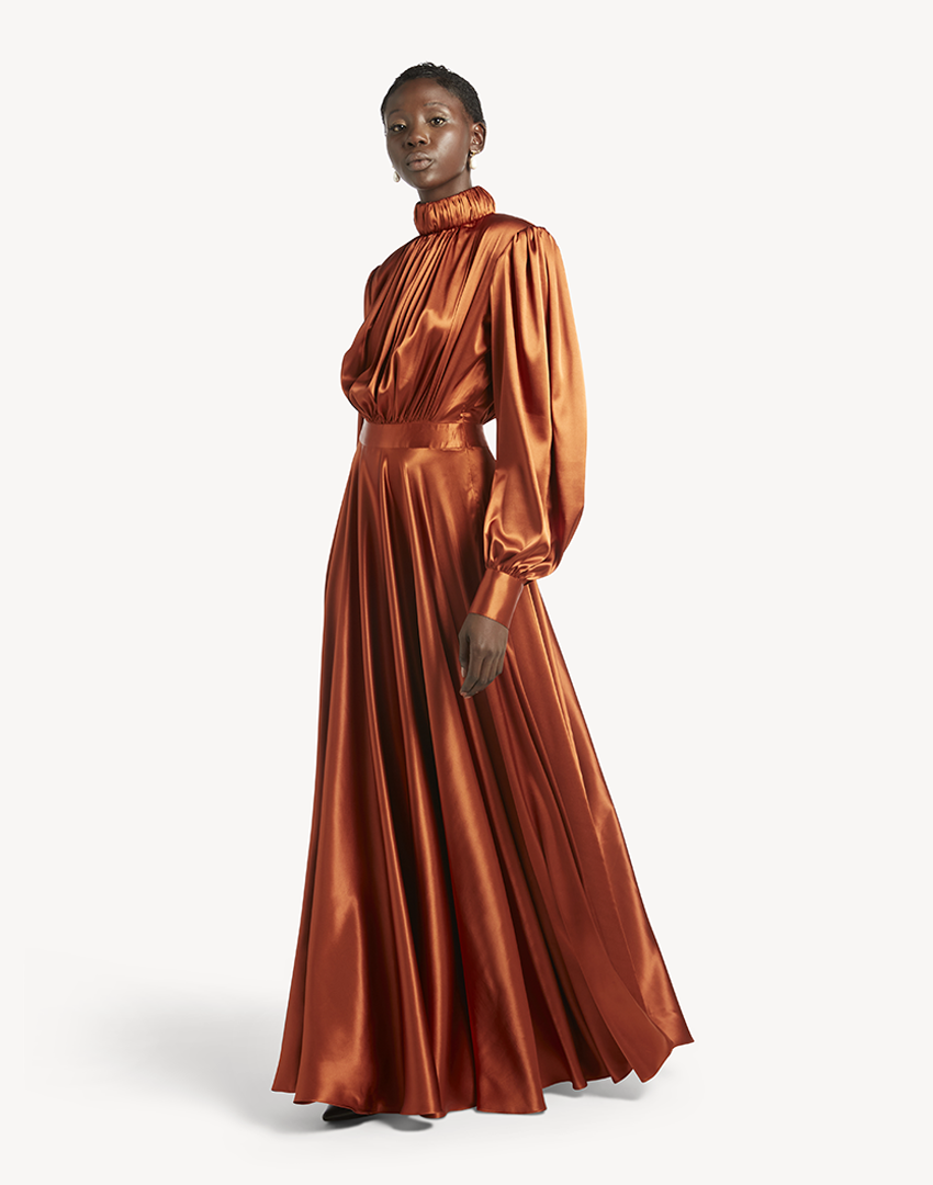 Satin High Pleated Neck Maxi Dress-Burnt Orange