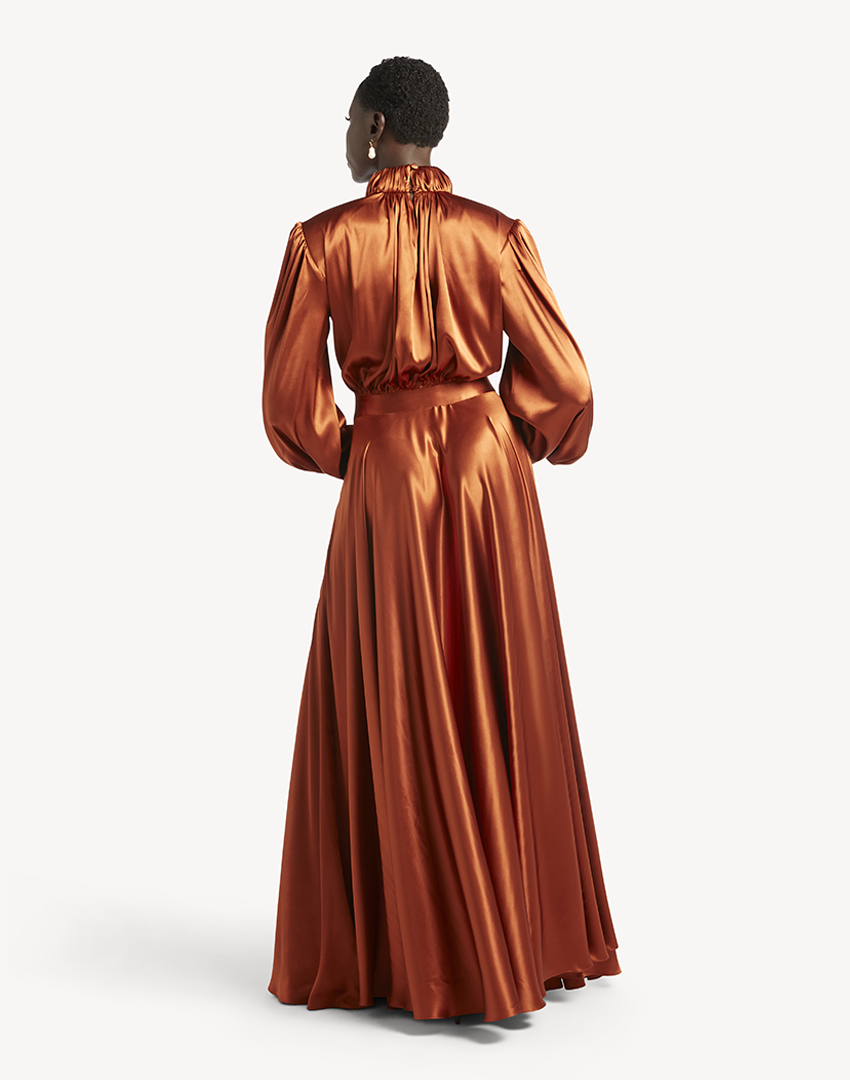 Satin High Pleated Neck Maxi Dress-Burnt Orange