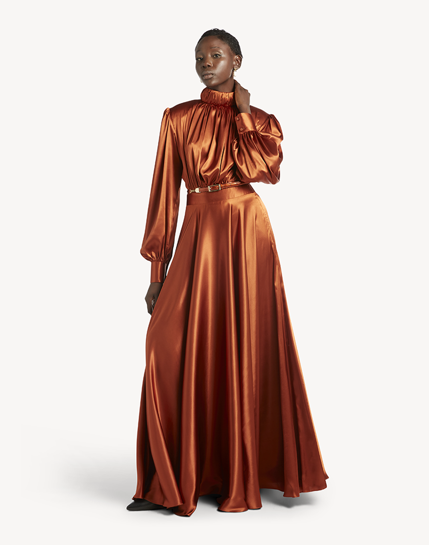 Satin High Pleated Neck Maxi Dress-Burnt Orange