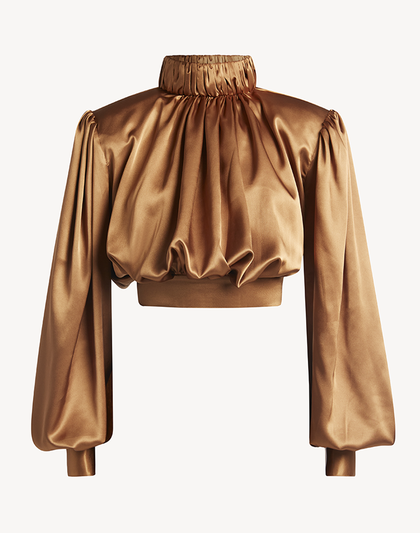 Satin High Pleated Neck Blouse- Burnt Gold