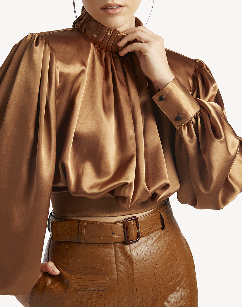 Satin High Pleated Neck Blouse- Burnt Gold