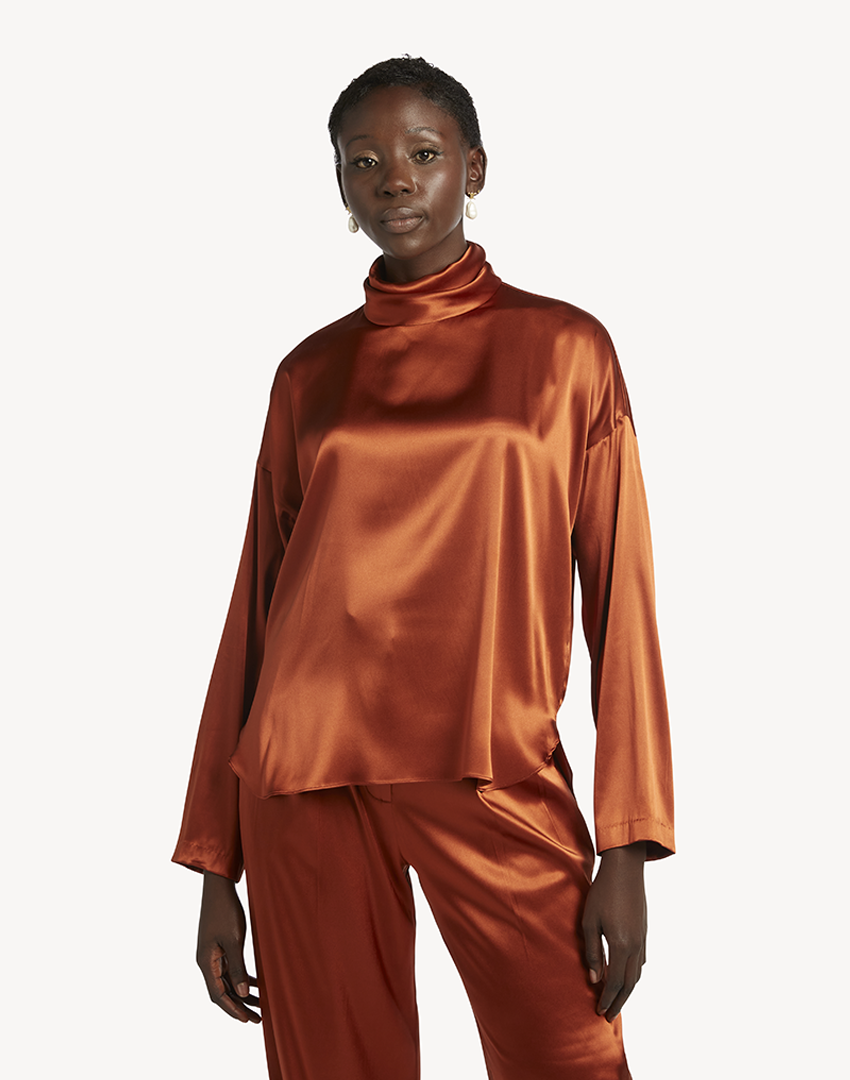Satin High Neck Blouse Burnt Orange