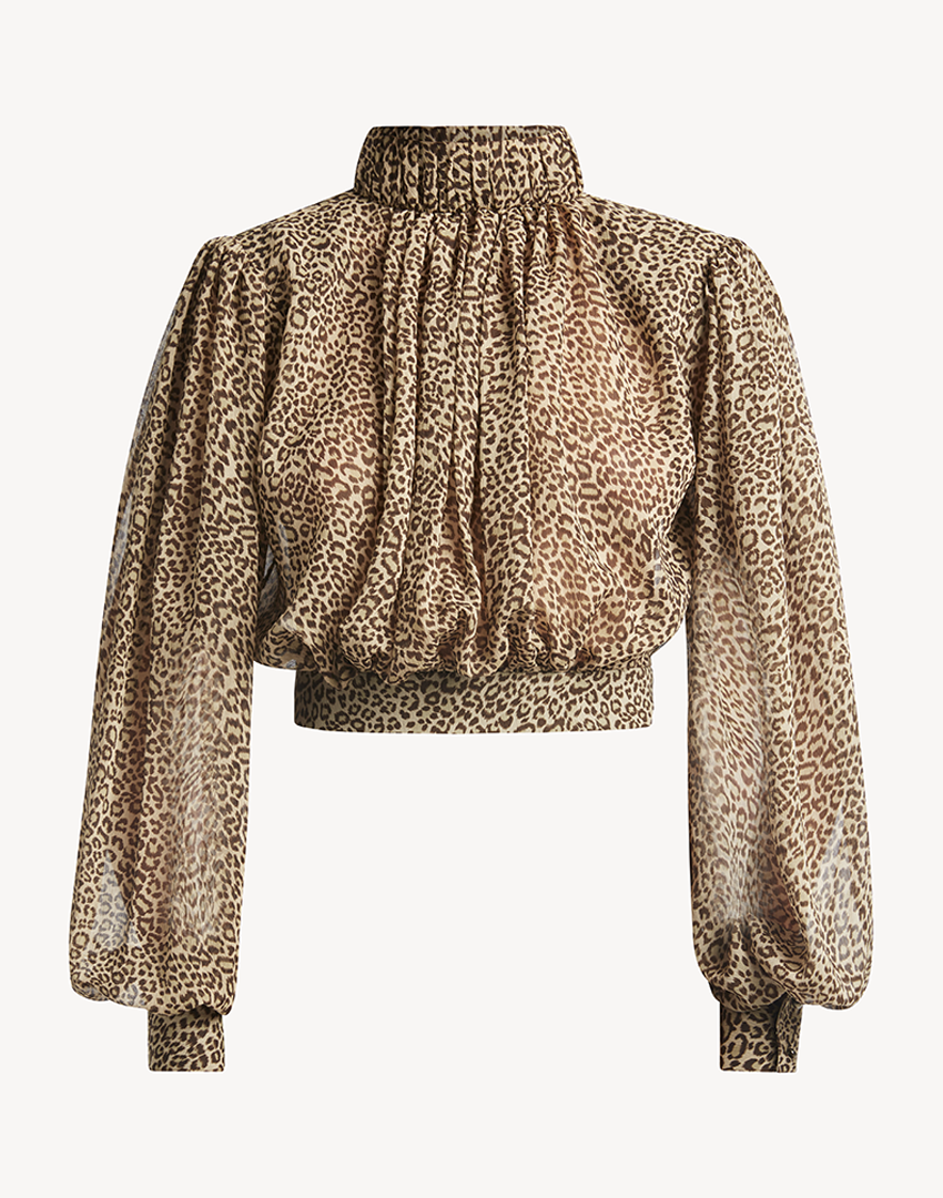 Leopard Print High Neck Pleated Blouse