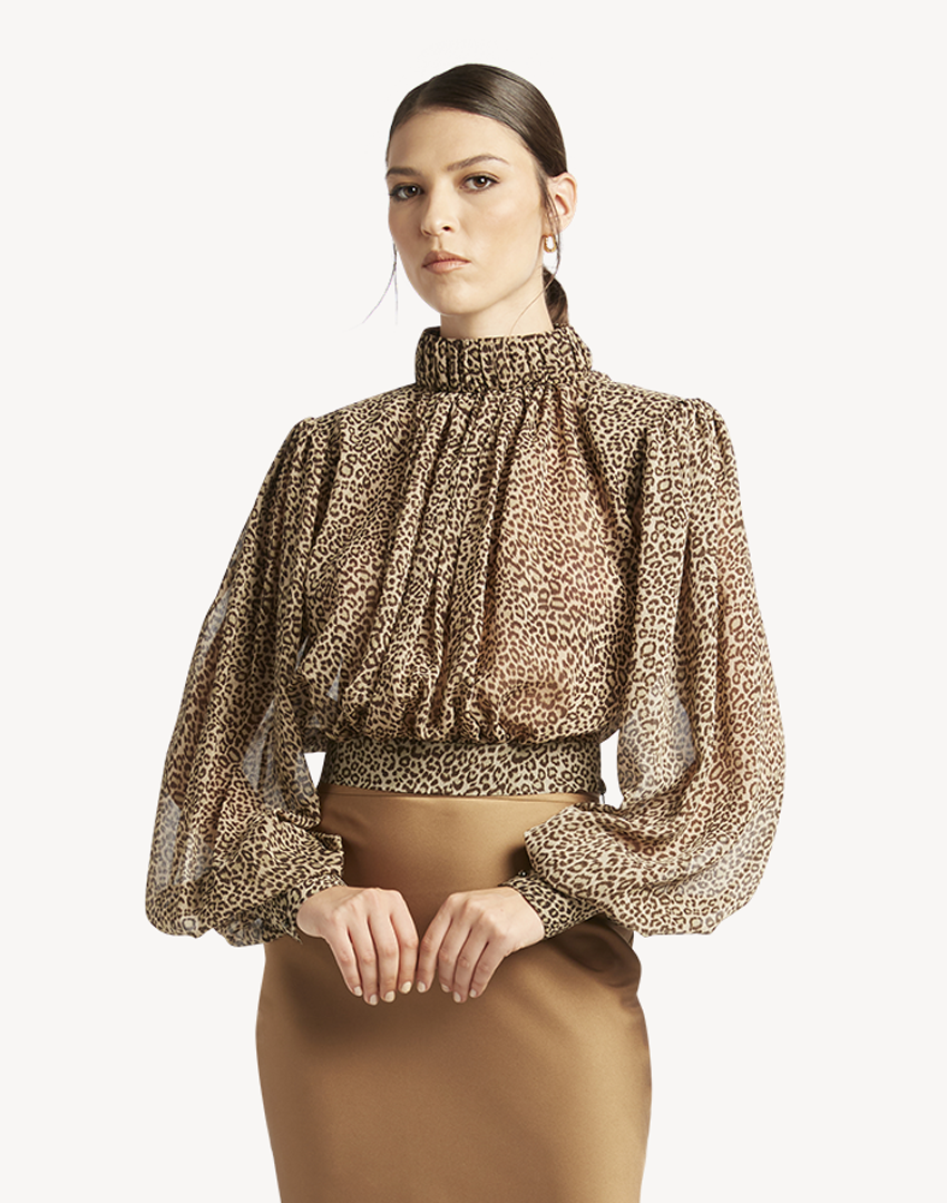 Leopard Print High Neck Pleated Blouse